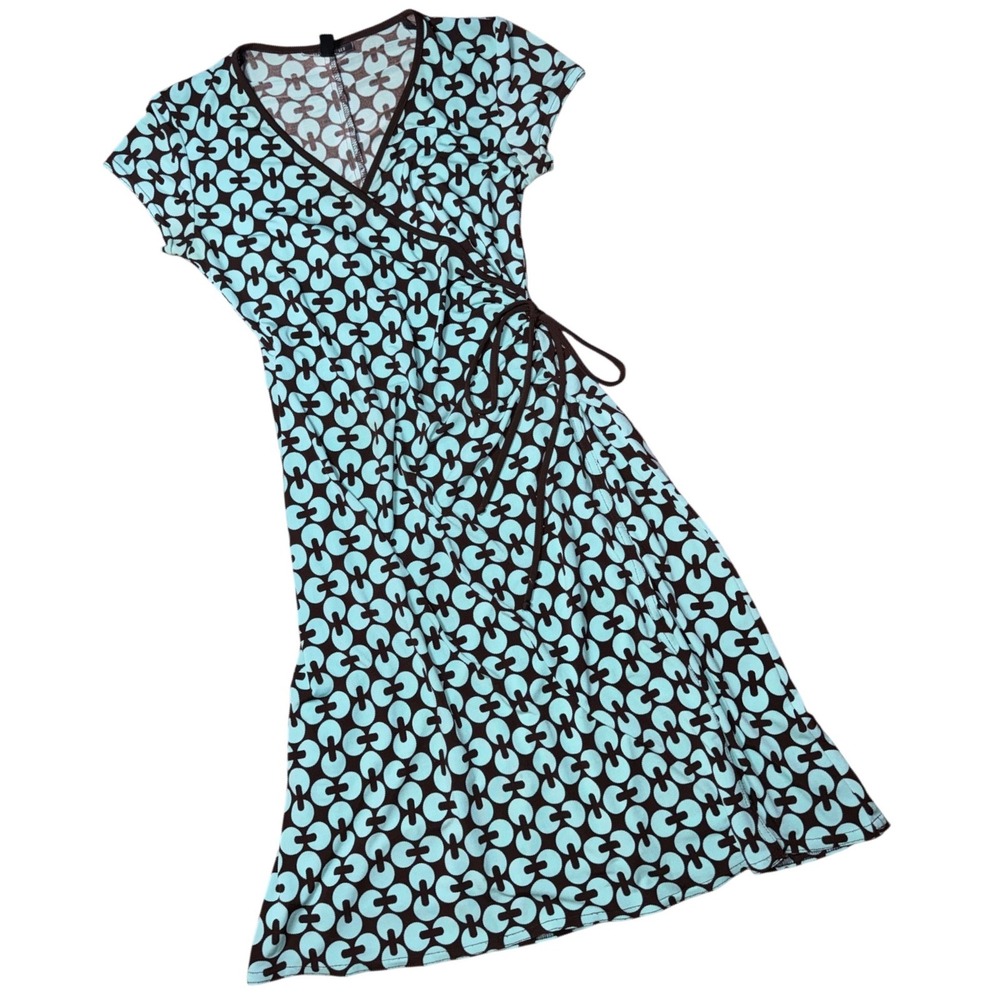 Jodi Kristopher Y2K Wrap Dress Blue Brown Geometric Print Short Sleeve Small